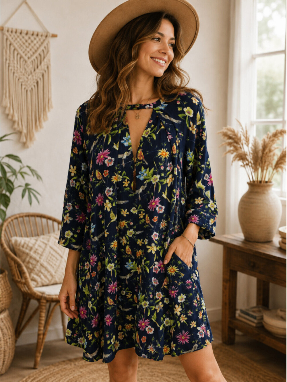 Umgee USA Womens Navy Floral Bird Print Keyhole Neck Mini Dress Size M